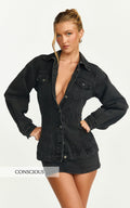 Tianna Jacket - Long Sleeve Contoured Recycled Denim Jacket in Washed Black