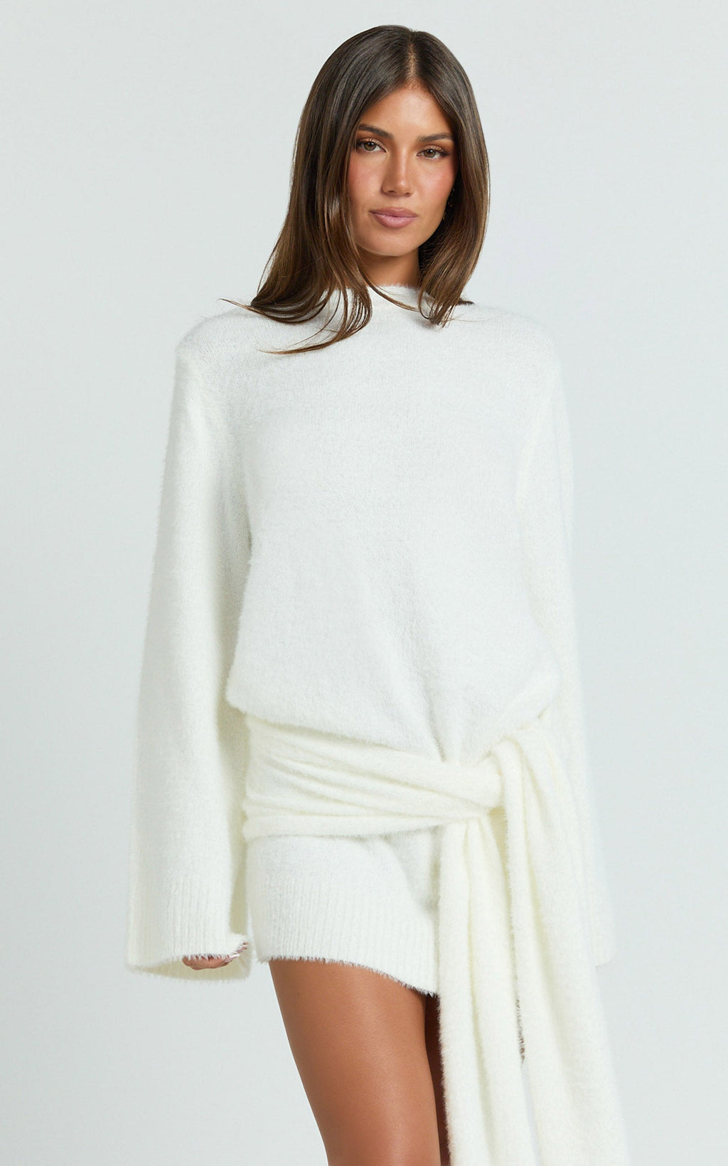 Tisdale Mini Dress - Wrap Skirt Fluffy Knit Jumper Dress in Cream