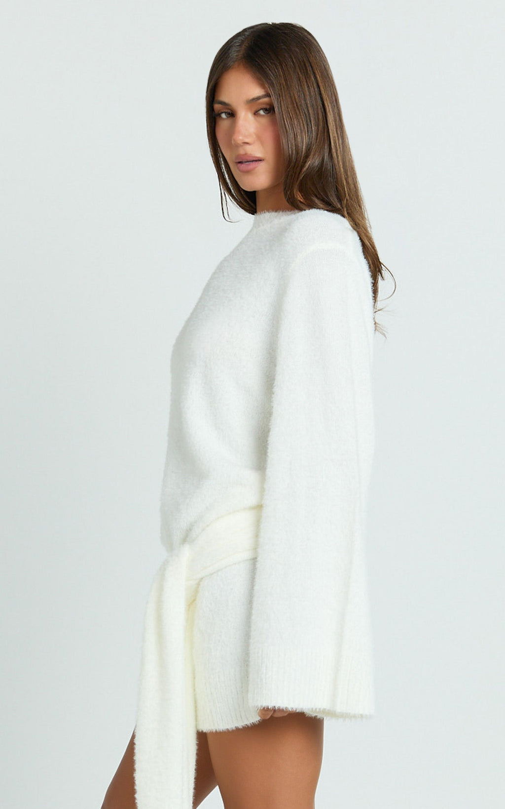 Tisdale Mini Dress - Wrap Skirt Fluffy Knit Jumper Dress in Cream