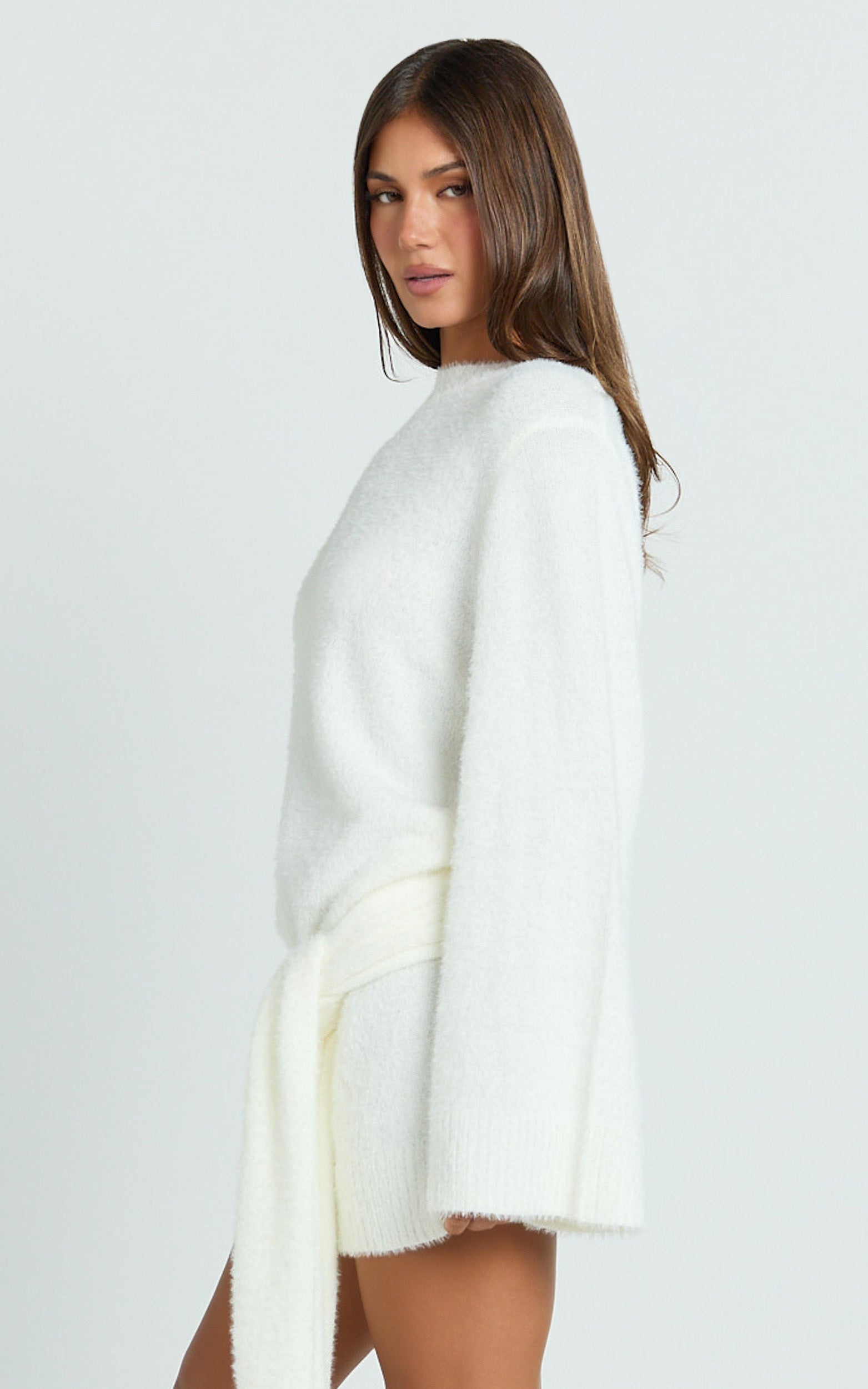 Tisdale Mini Dress - Wrap Skirt Fluffy Knit Jumper Dress in Cream