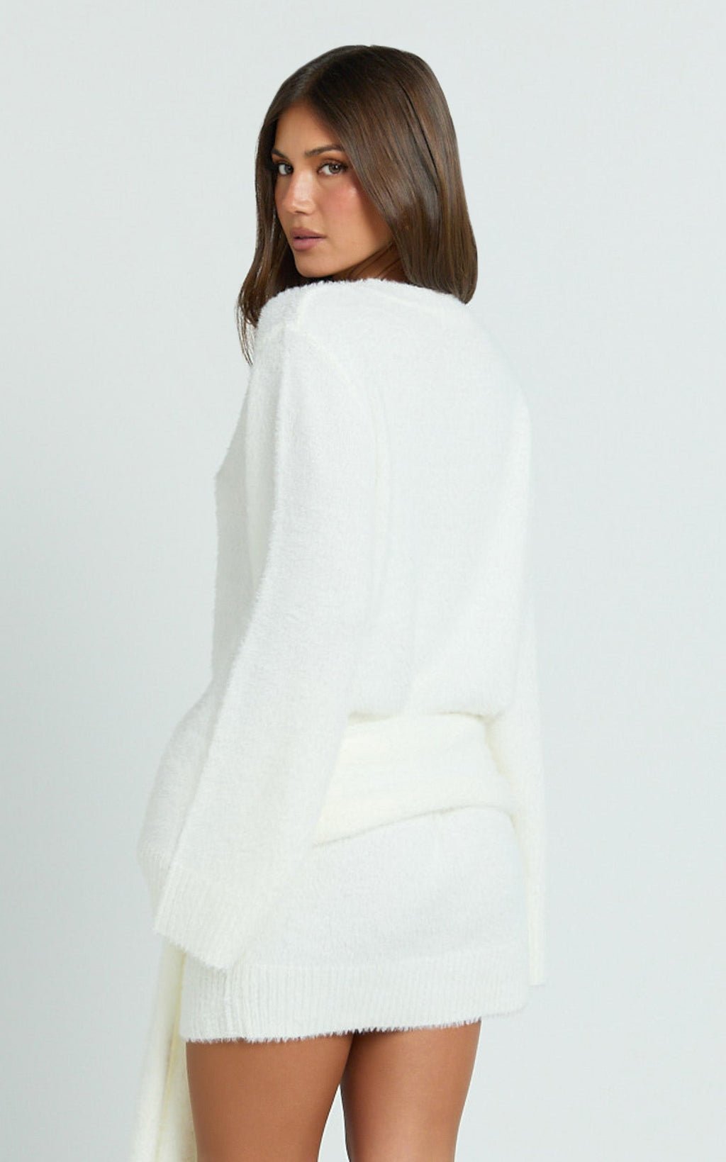 Tisdale Mini Dress - Wrap Skirt Fluffy Knit Jumper Dress in Cream