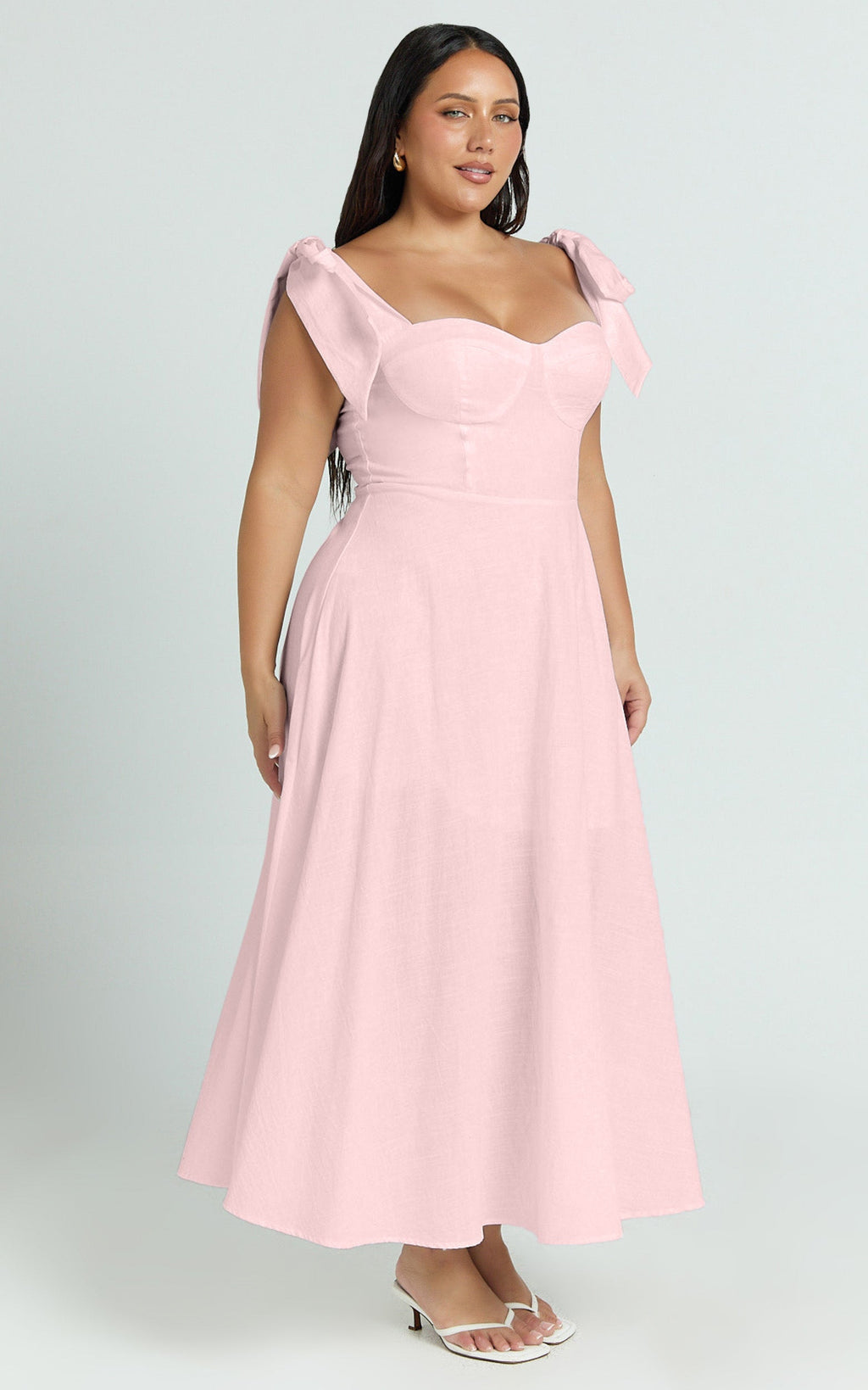Tymia Midi Dress - Shoulder Tie Bustier Shirred Back A Line in Pink
