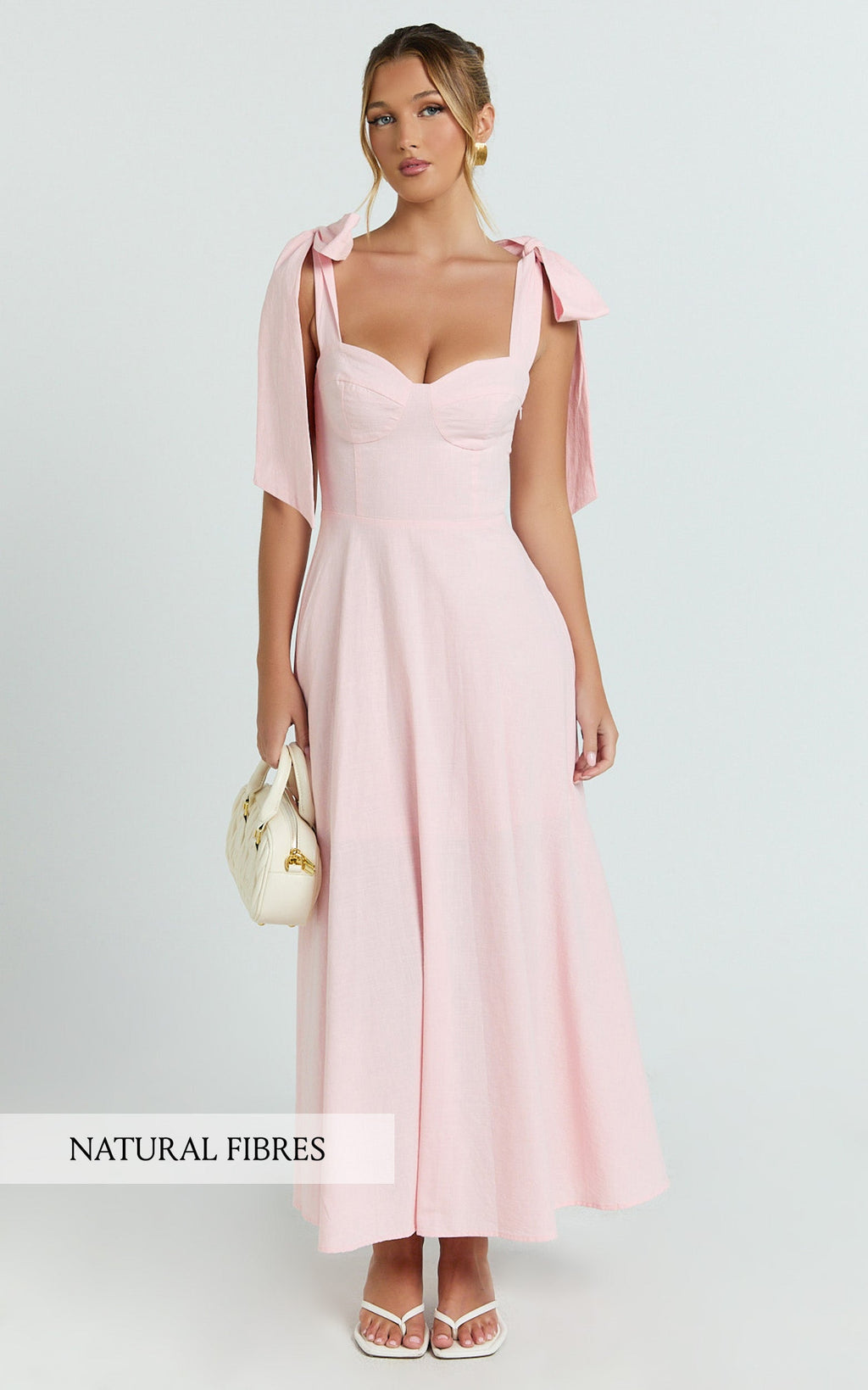Tymia Midi Dress - Shoulder Tie Bustier Shirred Back A Line in Pink