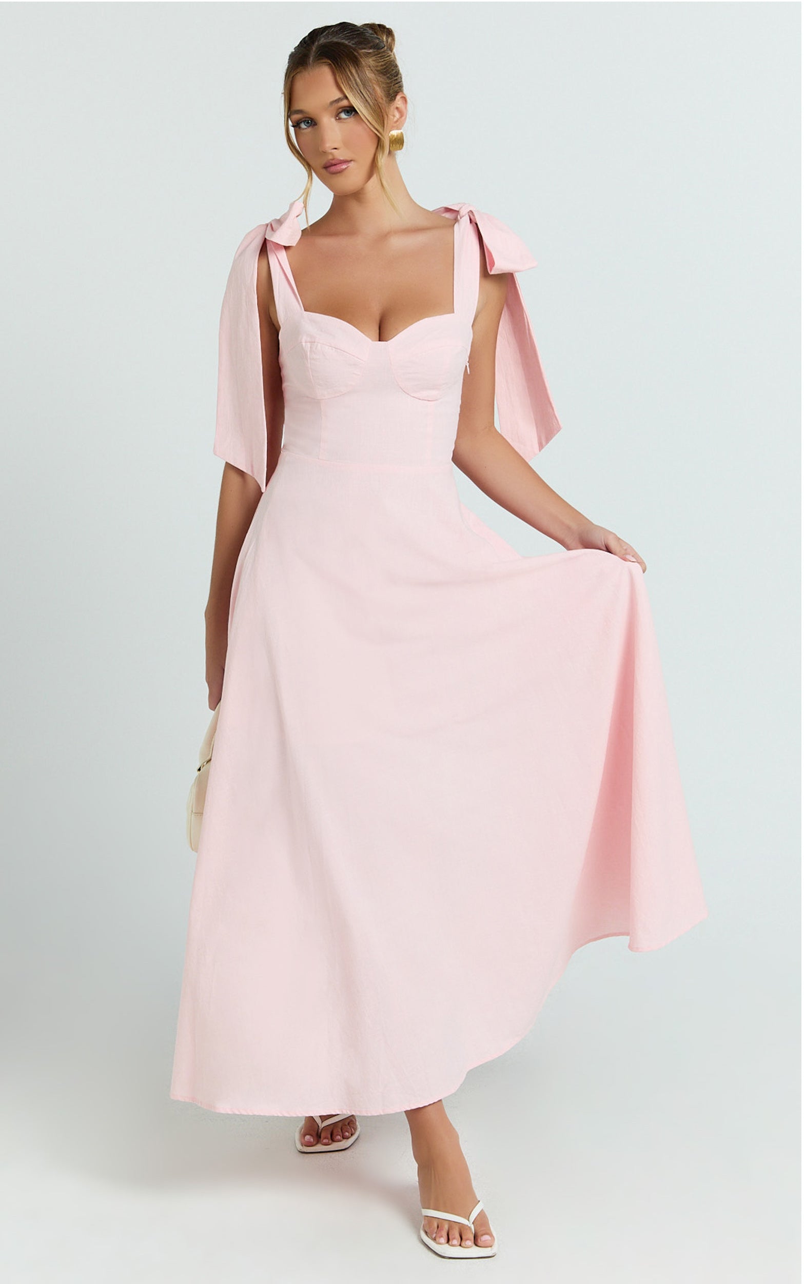 Tymia Midi Dress - Shoulder Tie Bustier Shirred Back A Line in Pink