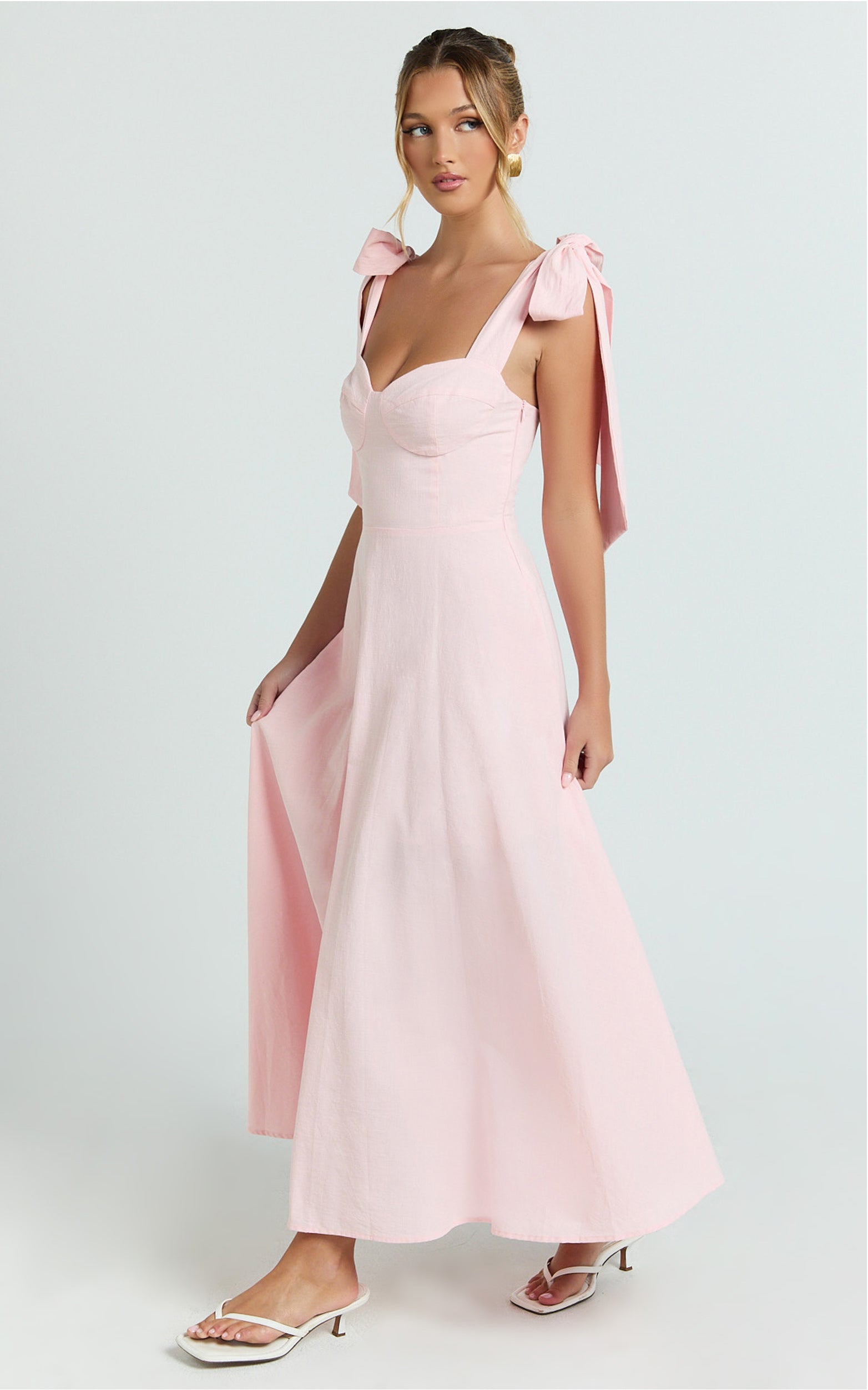 Tymia Midi Dress - Shoulder Tie Bustier Shirred Back A Line in Pink
