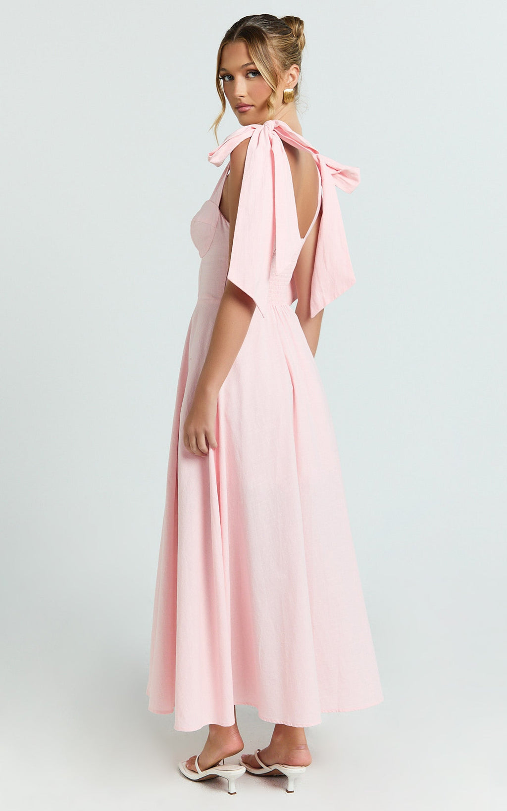 Tymia Midi Dress - Shoulder Tie Bustier Shirred Back A Line in Pink