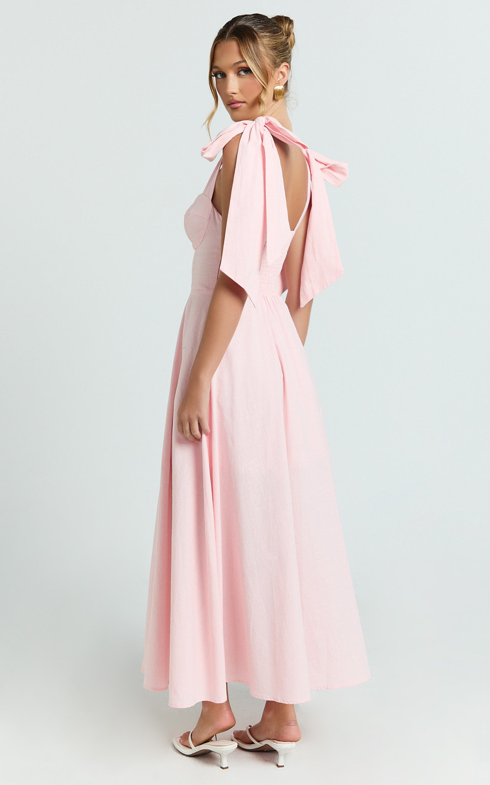 Tymia Midi Dress - Shoulder Tie Bustier Shirred Back A Line in Pink