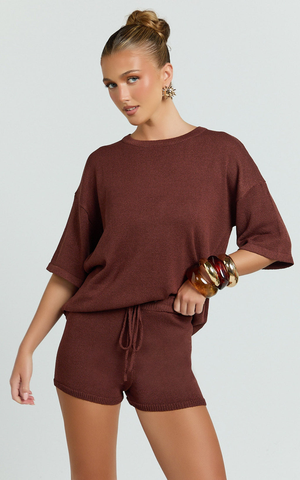 Valencia Two Piece Top And Shorts Set - Knit Tee And Shorts Set in Chocolate