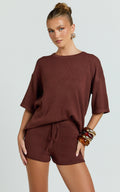 Valencia Two Piece Top And Shorts Set - Knit Tee And Shorts Set in Chocolate