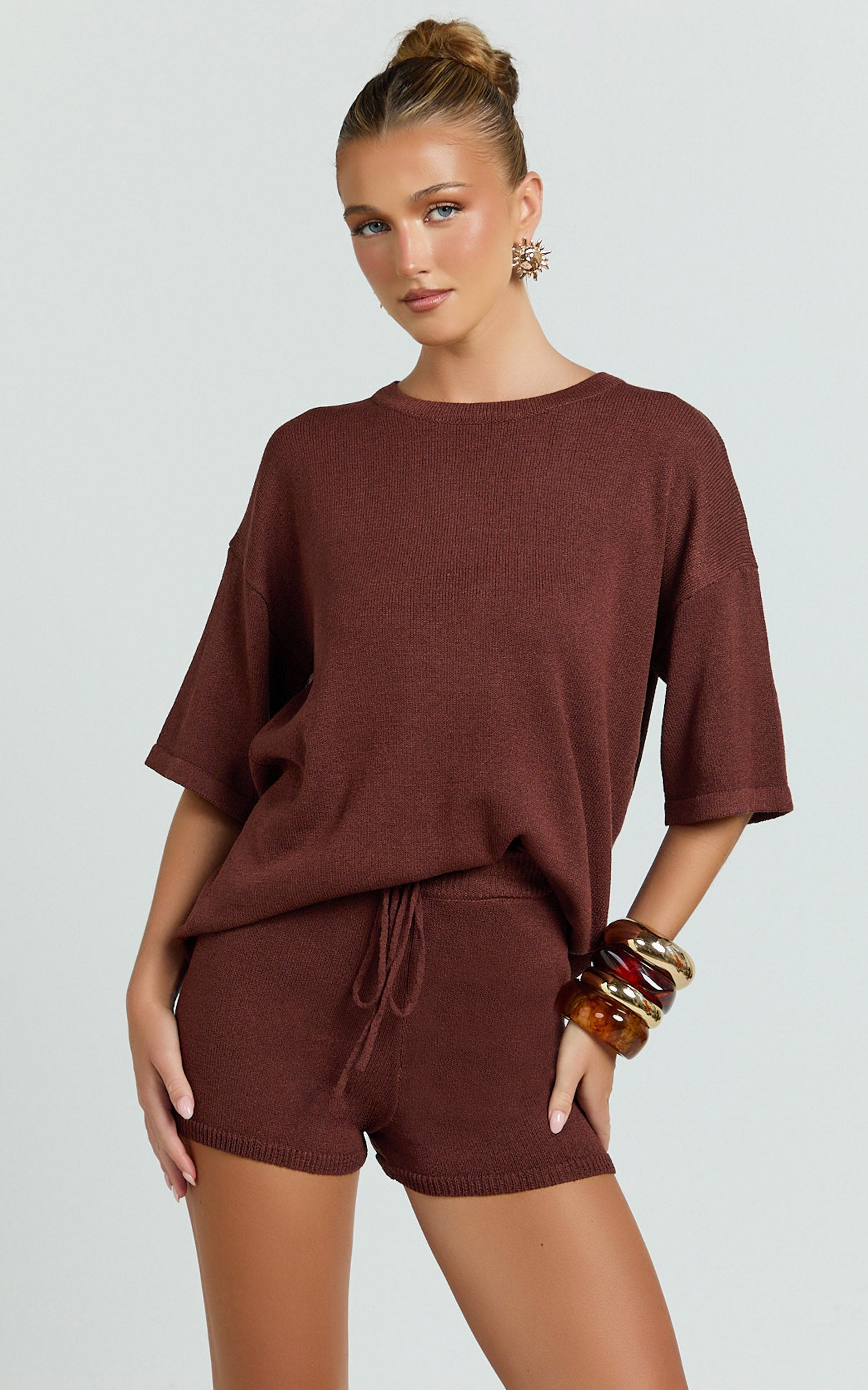 Valencia Two Piece Top And Shorts Set - Knit Tee And Shorts Set in Chocolate
