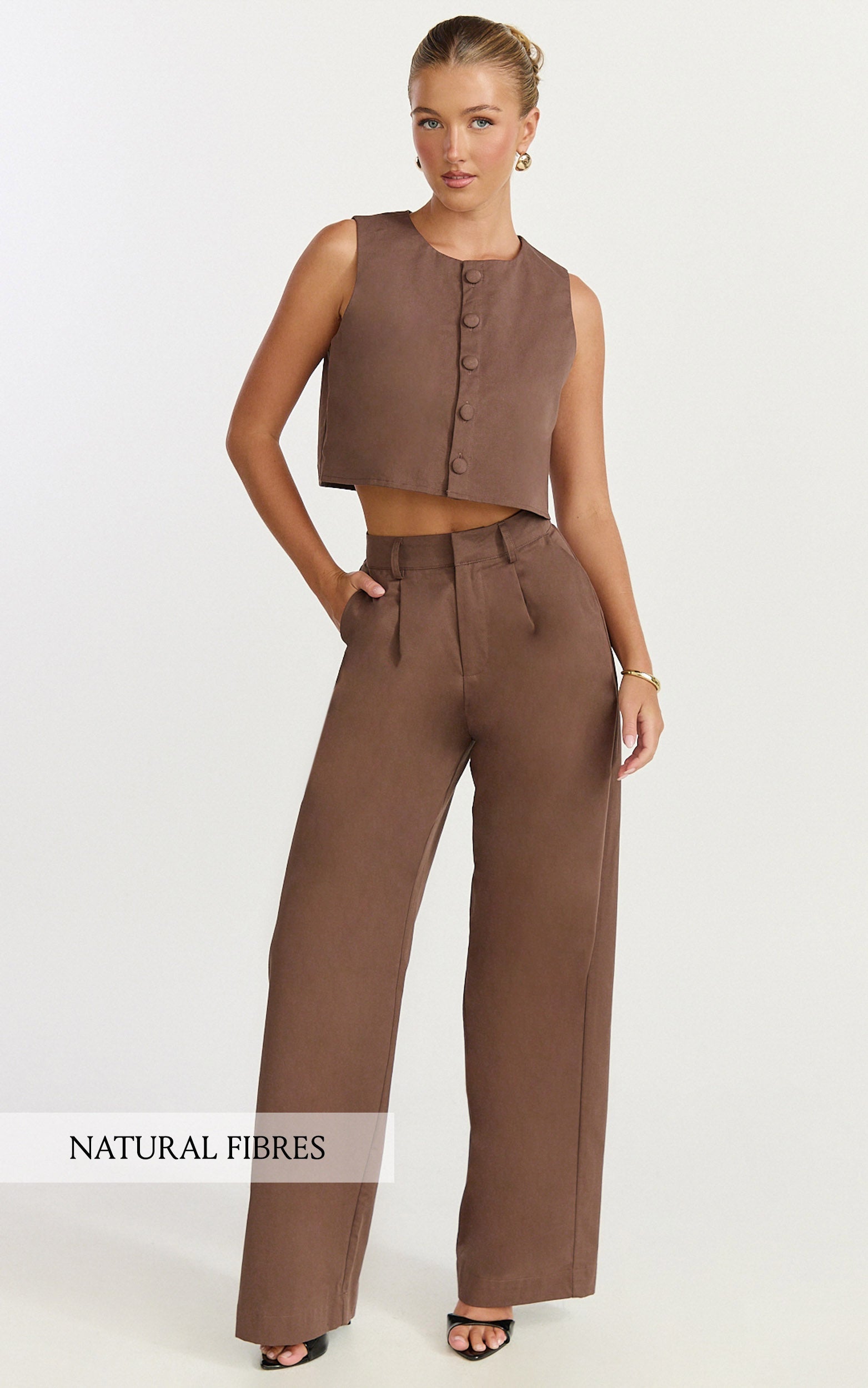 Valencia Two Piece Top and Pants Set - Button Front Vest and High Waisted Pants Set in Mocha