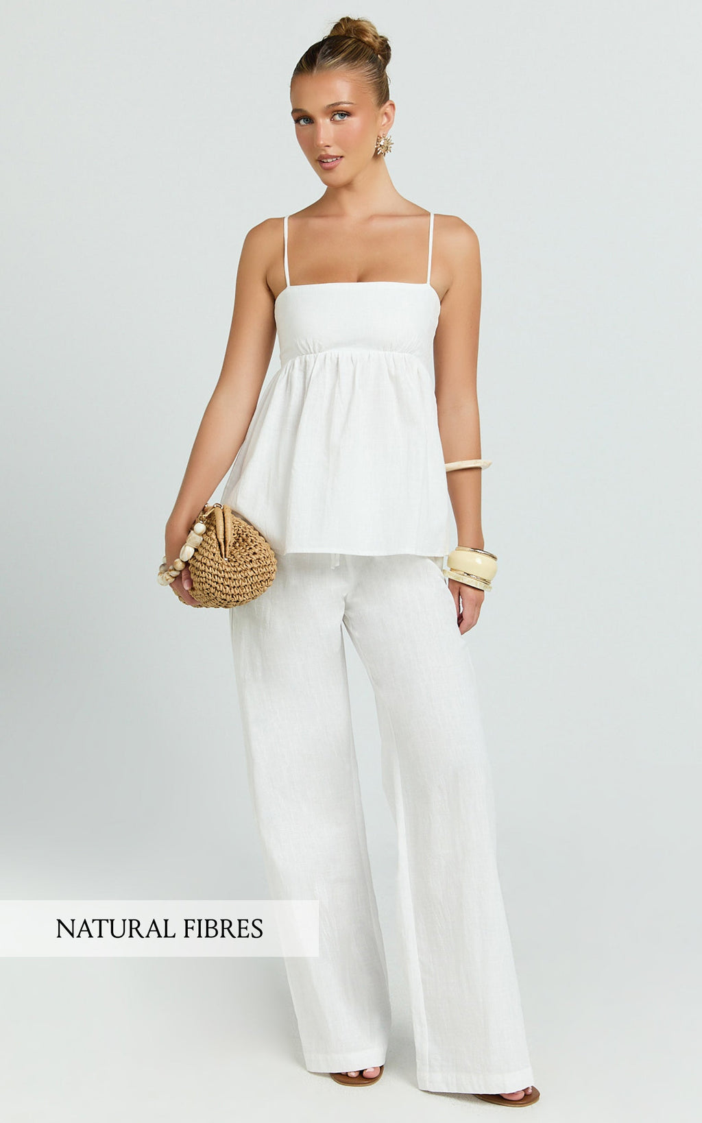 Valerie Two Piece Top and Pants Set - Baby Doll Top And Relaxed Pants Set in Off White