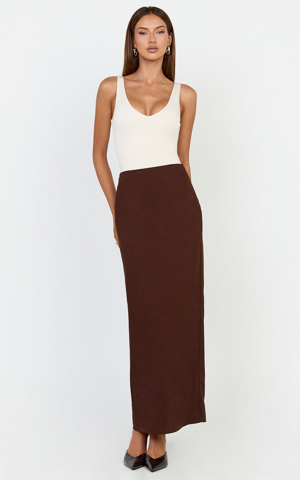 Vance Maxi Skirt - Linen Back Split Skirt in Chocolate