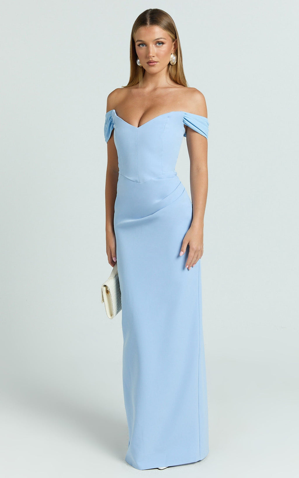 Veronika Maxi Dress - Off Shoulder Plunge High Split Dress in Blue