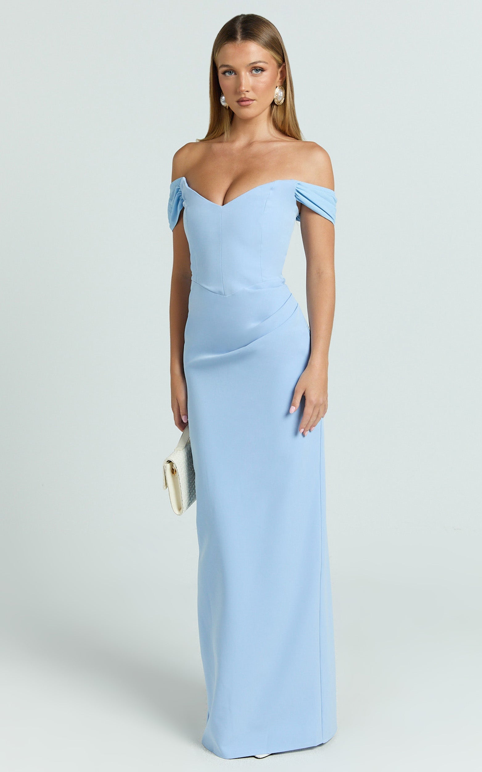 Veronika Maxi Dress - Off Shoulder Plunge High Split Dress in Blue