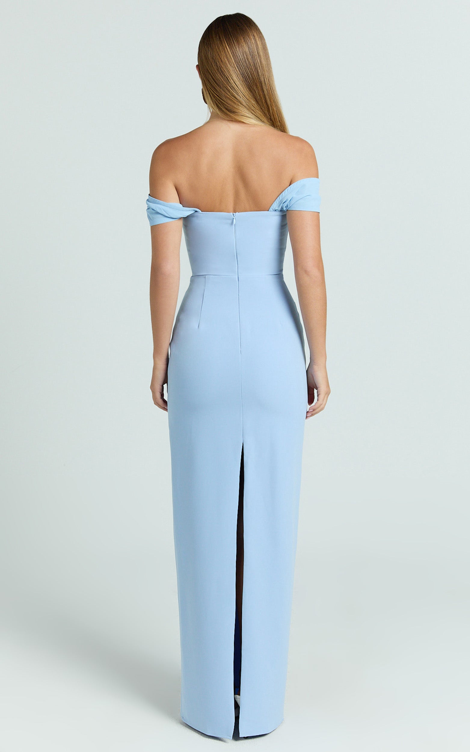 Veronika Maxi Dress - Off Shoulder Plunge High Split Dress in Blue