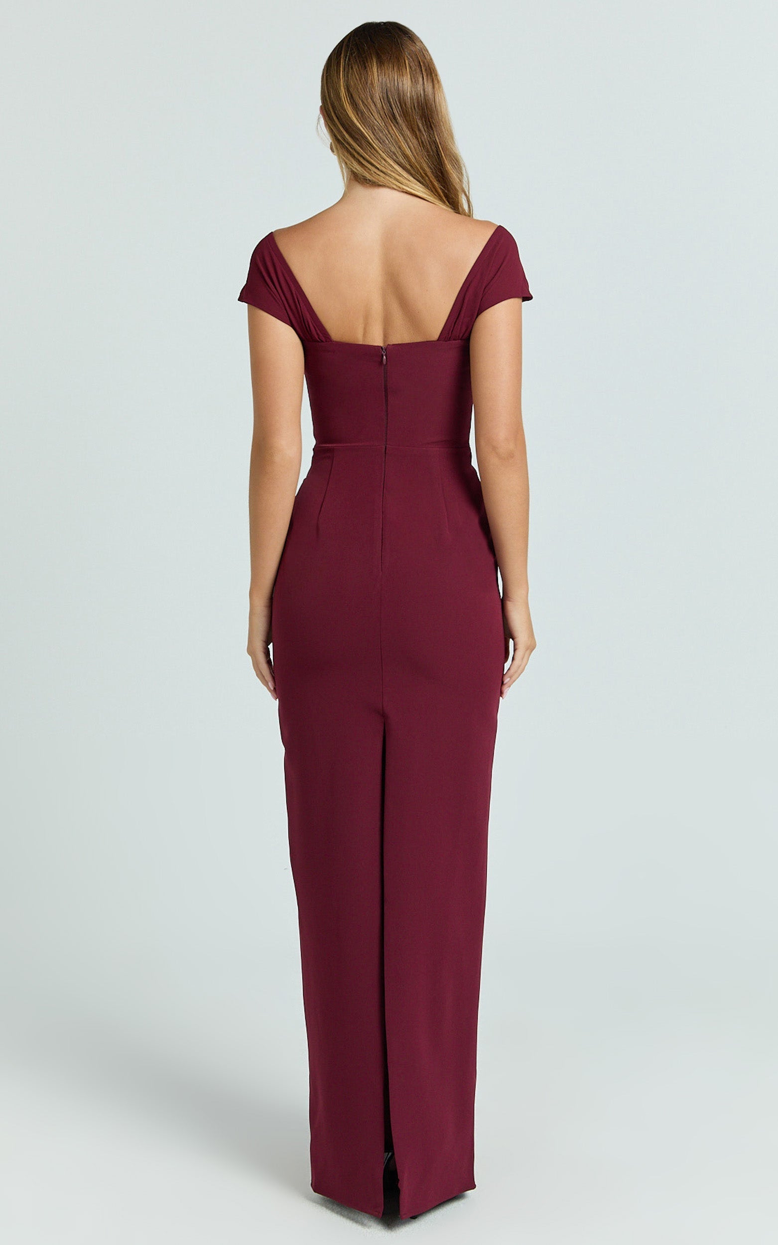 Veronika Maxi Dress - Off Shoulder Plunge High Split Dress in Wine