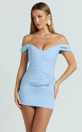 Veronika Mini Dress - Off Shoulder Plunge Fit And Flare Dress in Blue