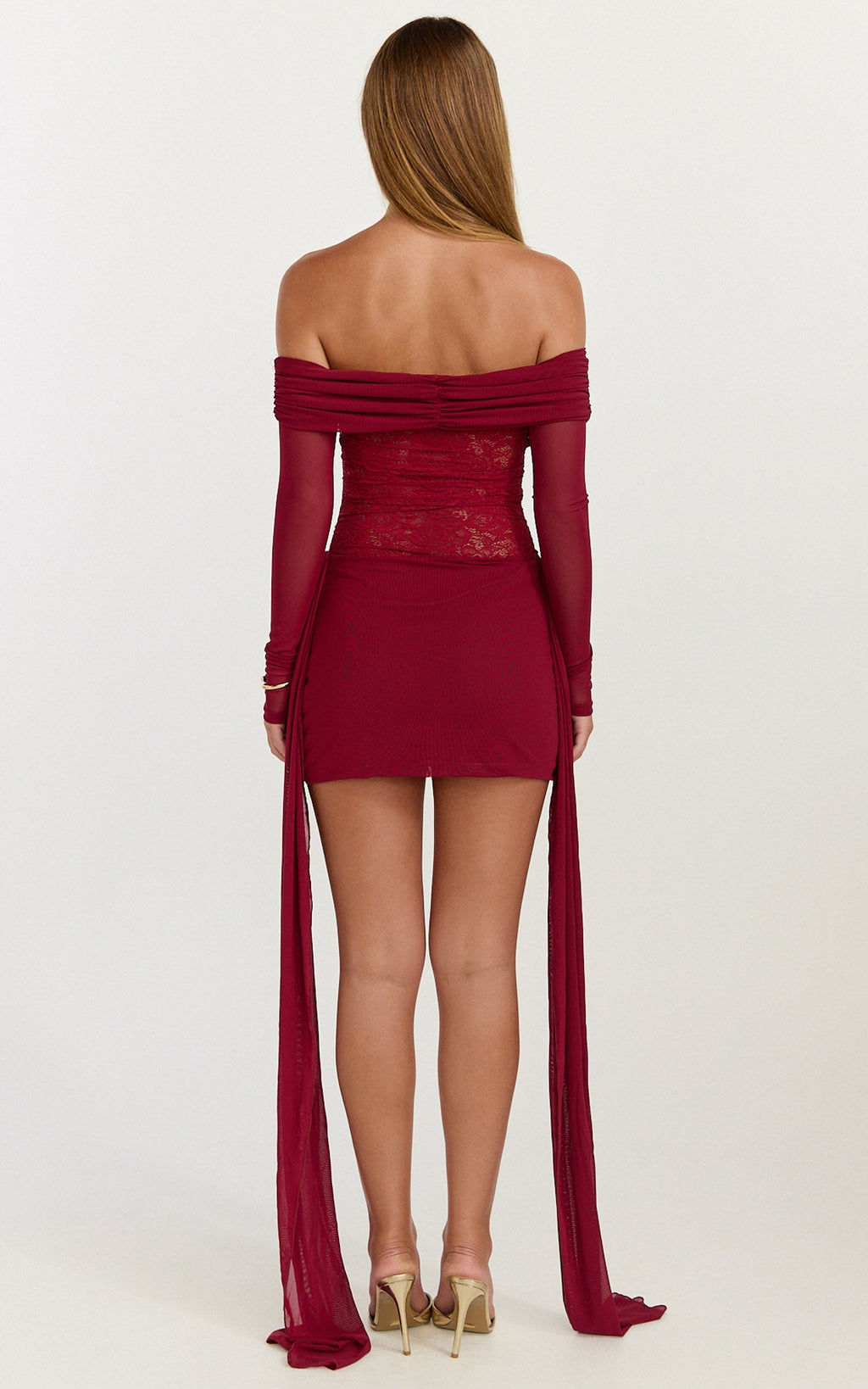 Vesper Mini Dress - Contrast Lace Bodice Long Sleeve Dress in Wine
