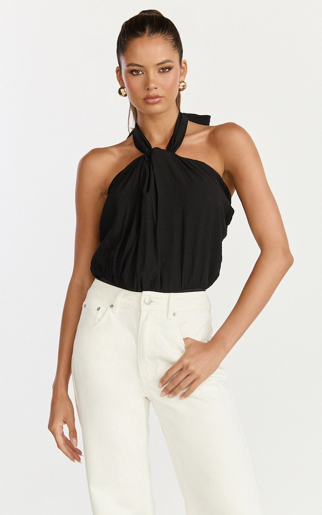 Victoria Bodysuit - Tie Knot Halter Neck Bodysuit in Black