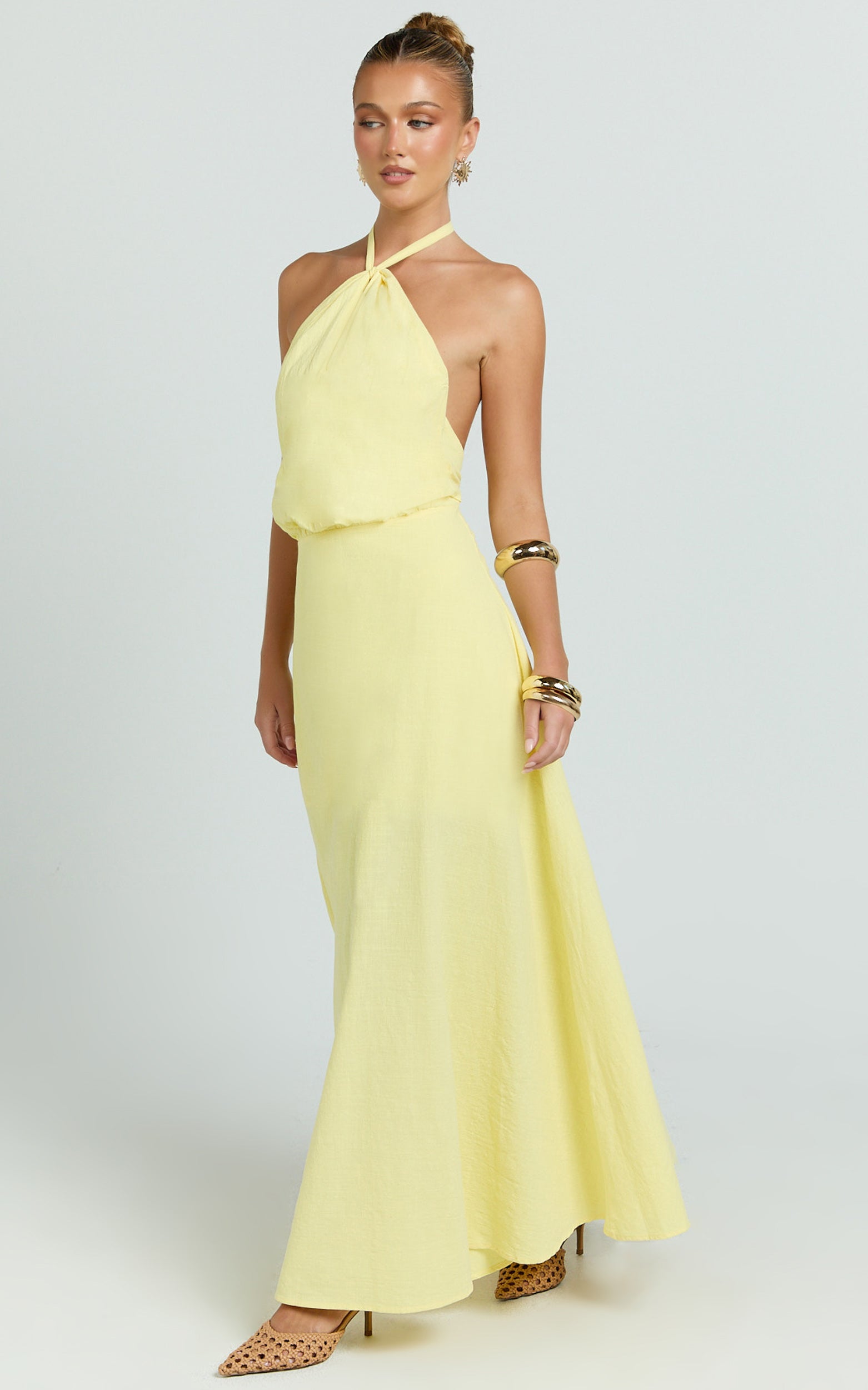 Violetta Maxi Dress - Backless Linen Look Hater Neck Dress in Lemon
