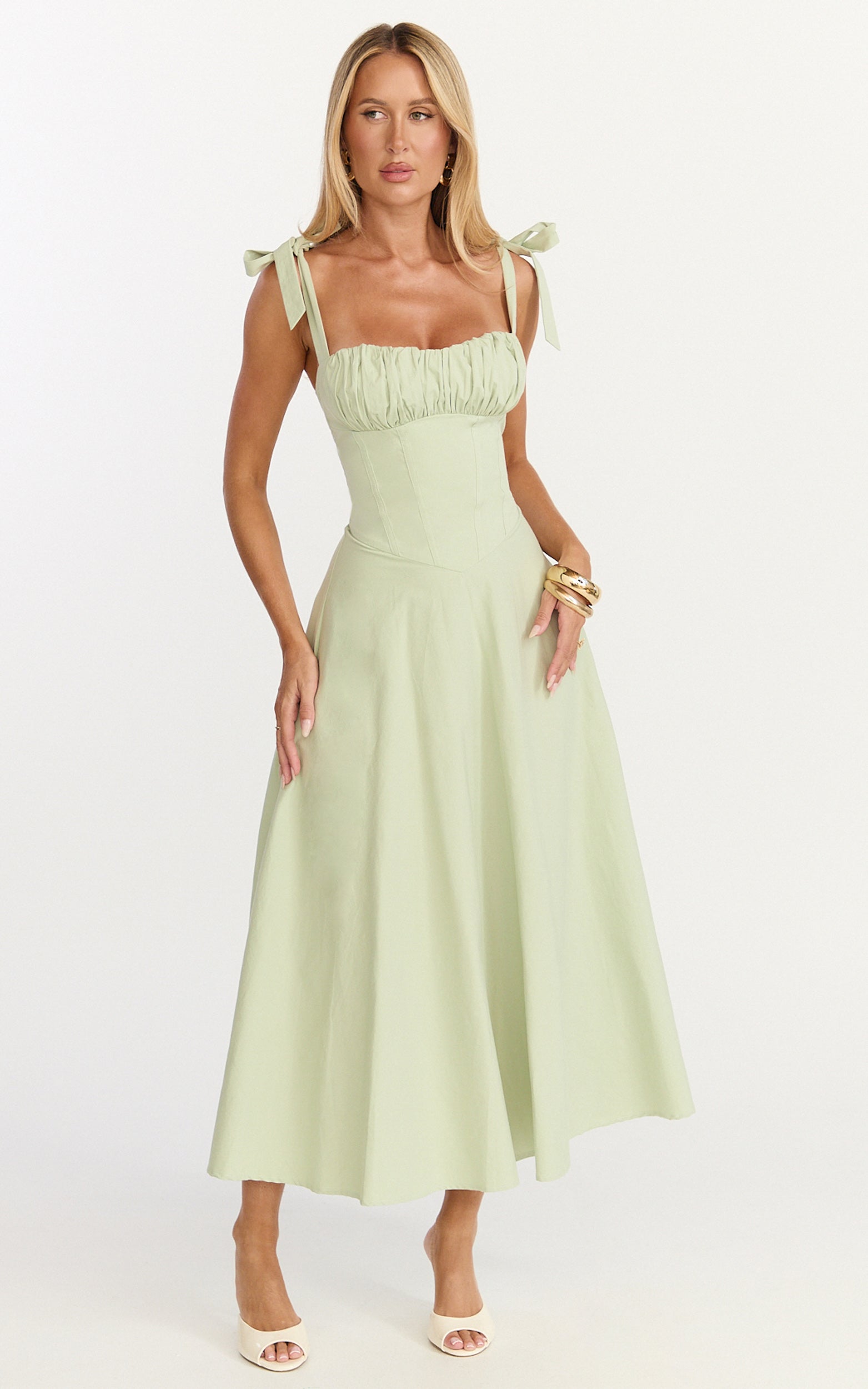 Vionette Midi Dress - Halter Neck Ruched Bust Corset Dress in Sage