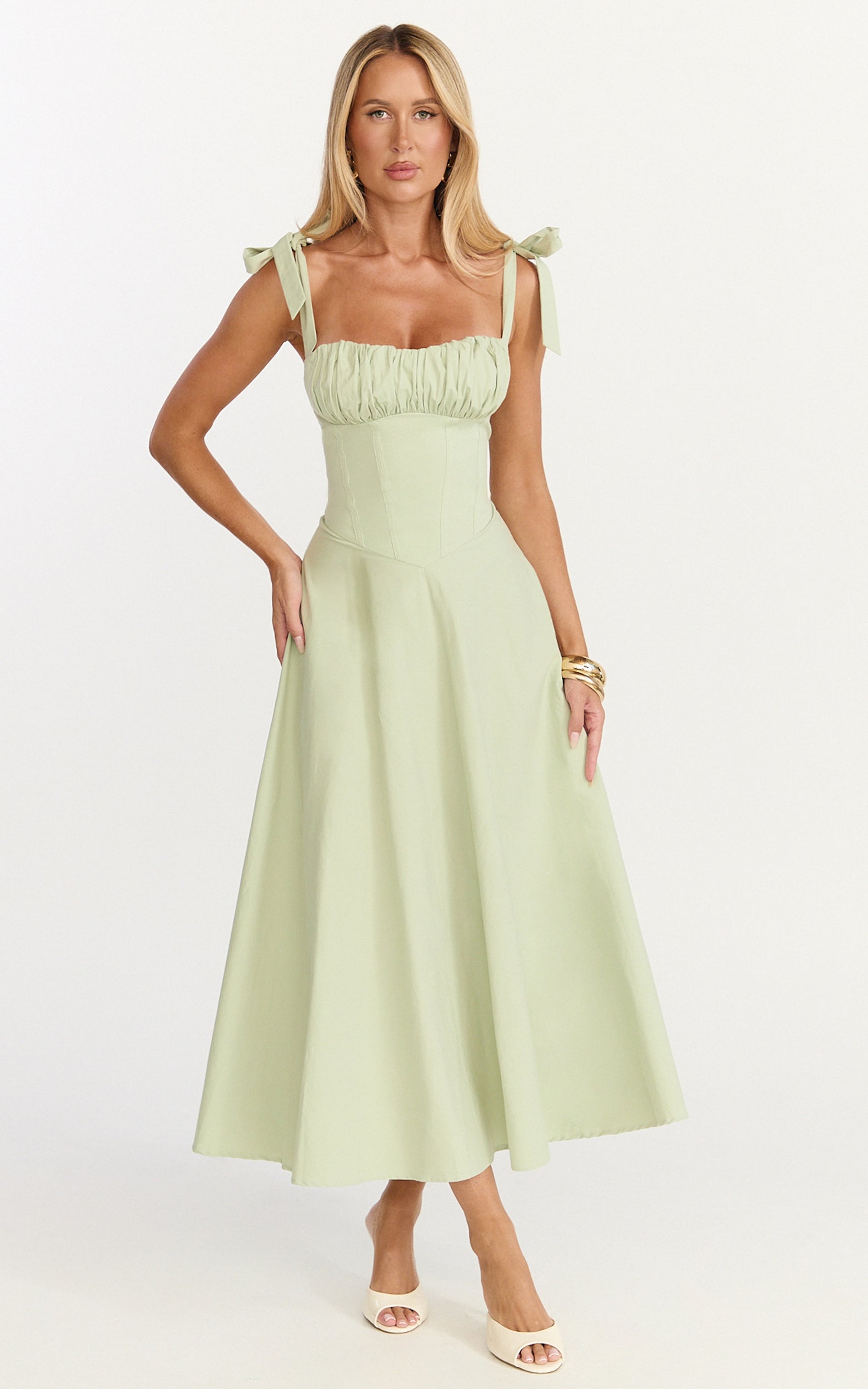 Vionette Midi Dress - Halter Neck Ruched Bust Corset Dress in Sage