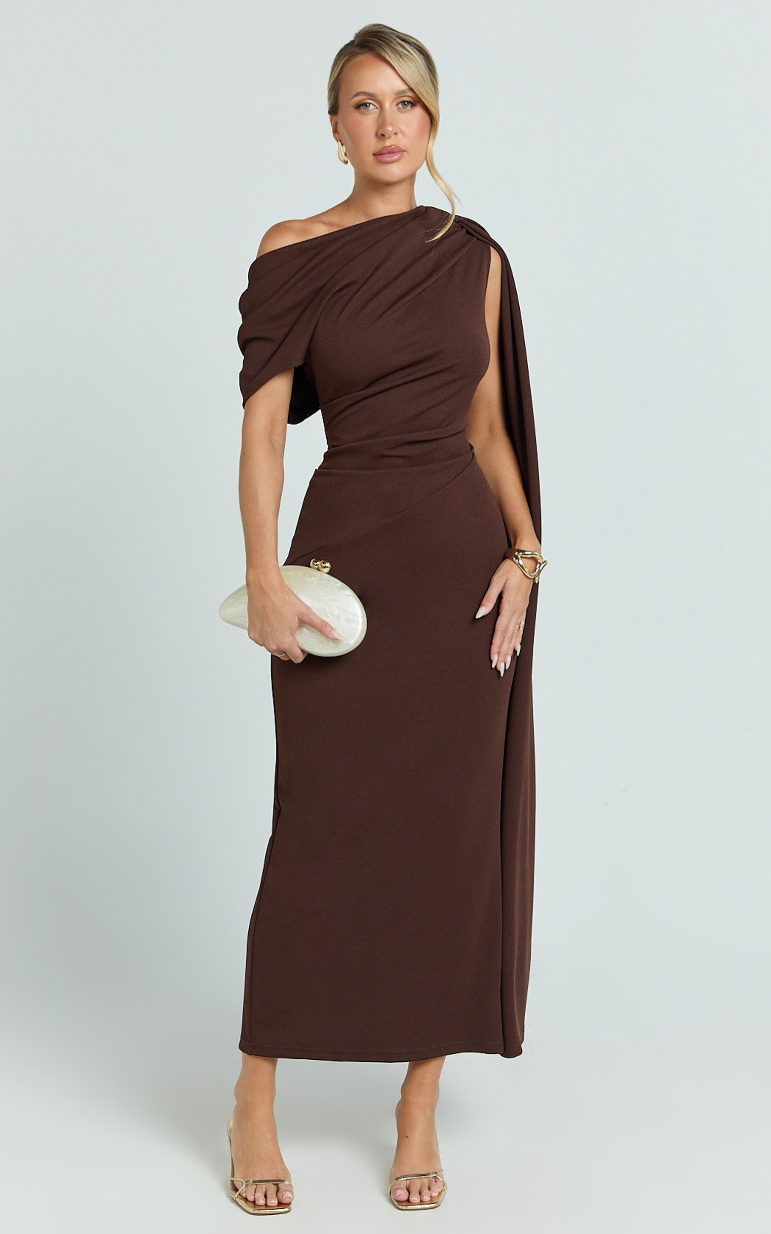 Visenta Midi Dress - Asymmetrical Sleeve Dress in Brown