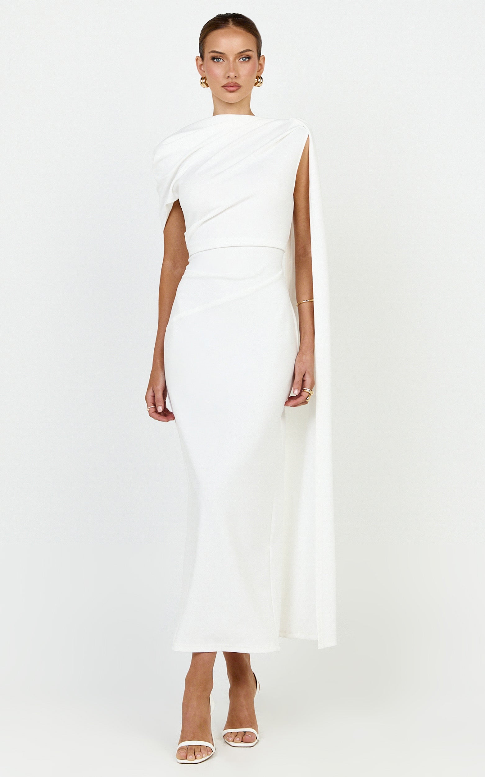 Visenta Midi Dress - Asymmetrical Sleeve Dress in White