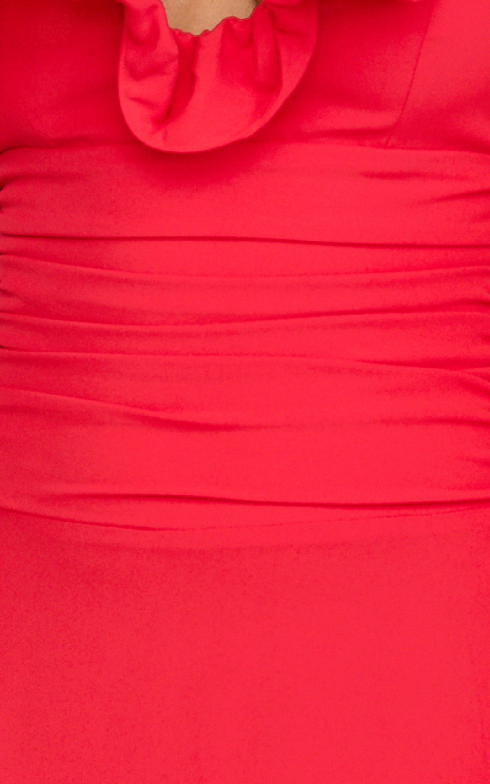 Vivienne Midi Dress - Rosette Neck Gathered Frill Split Leg Dress in Red