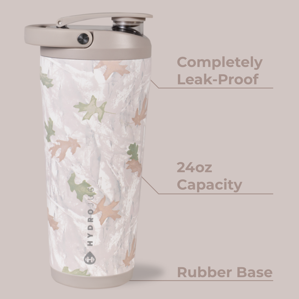 Camo Insulated Shaker 24oz Features – Leak-Proof, Rubber Base, 24oz Capacity