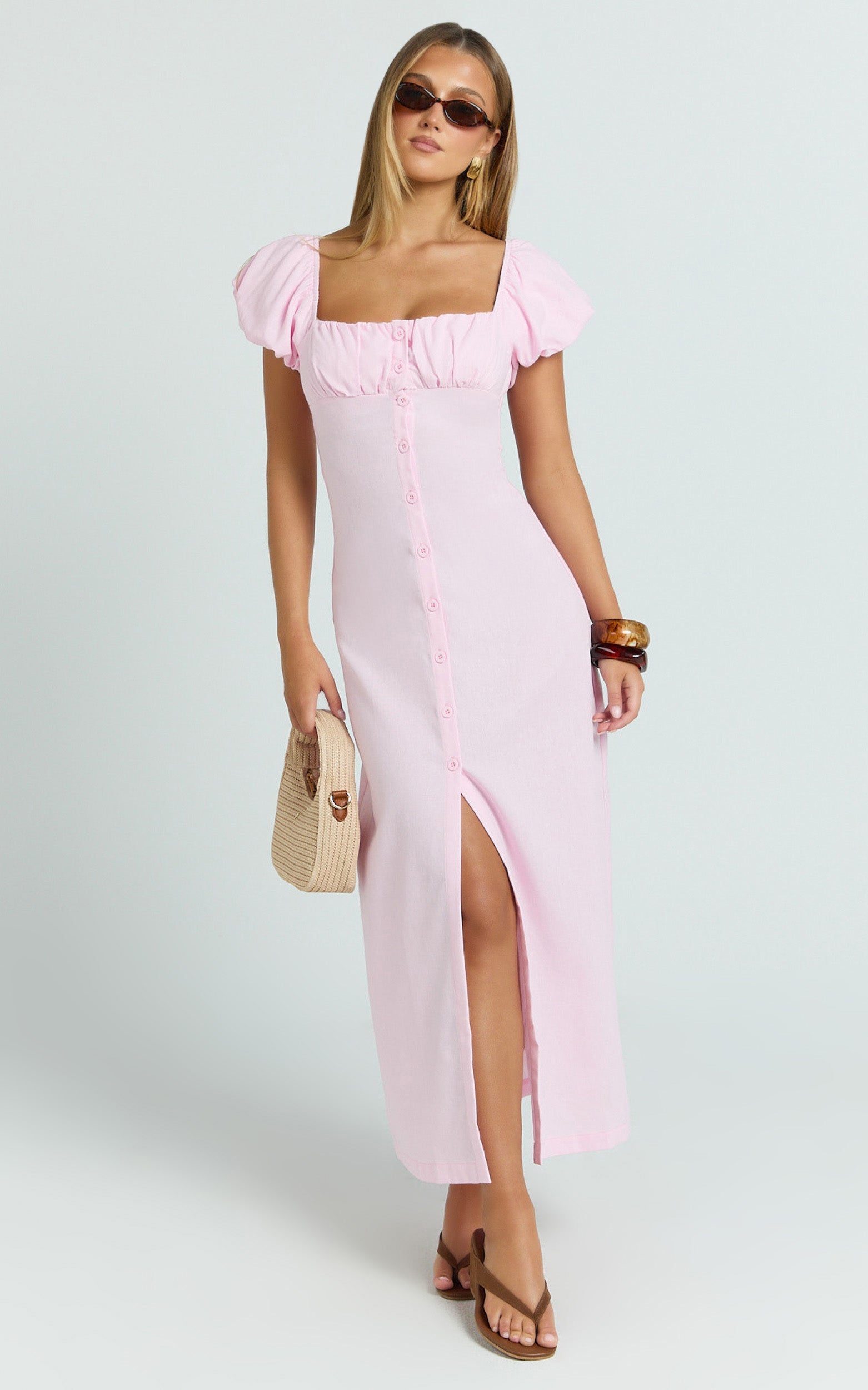 Welmina Midi Dress - Short Sleeve Placket Front Dress in Pale Pink