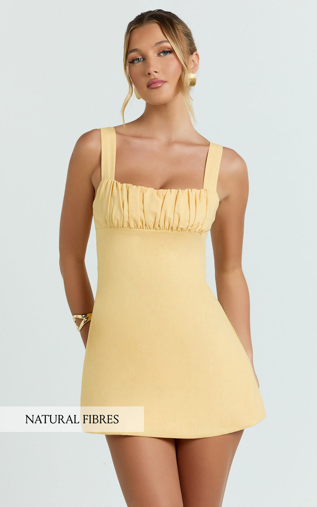 Welmina Mini Dress - Square Neck Front Placket Dress in Lemon