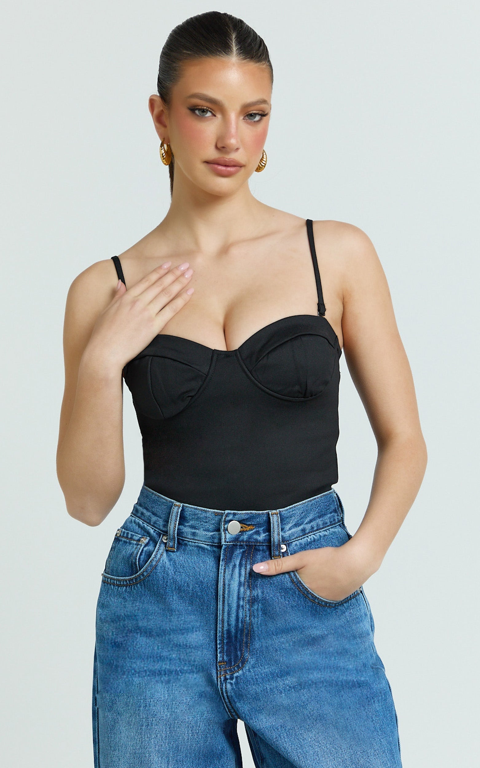 Wenalyn Bodysuit - Removable Straps Balconette High Leg Bodysuit in Black