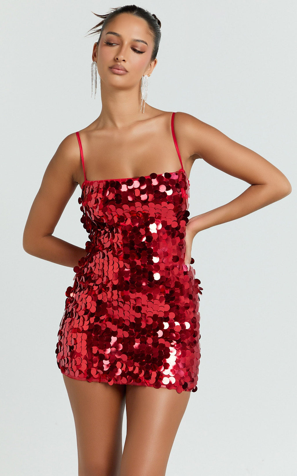 Wilfreda Mini Dress - Sequin Square Neck Bodycon Dress in Red