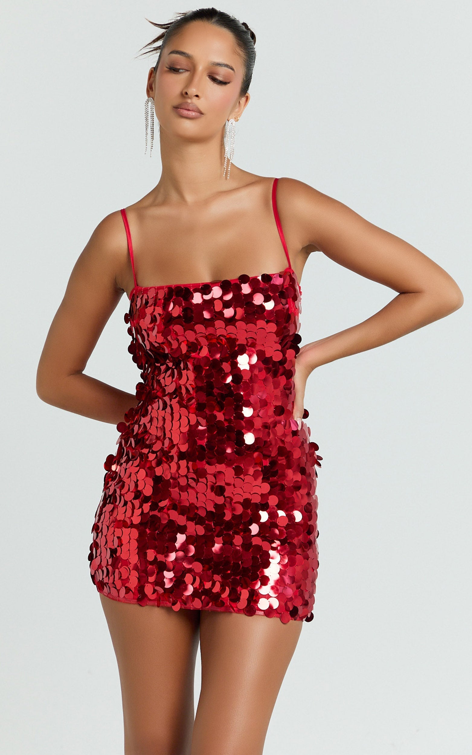 Wilfreda Mini Dress - Sequin Square Neck Bodycon Dress in Red