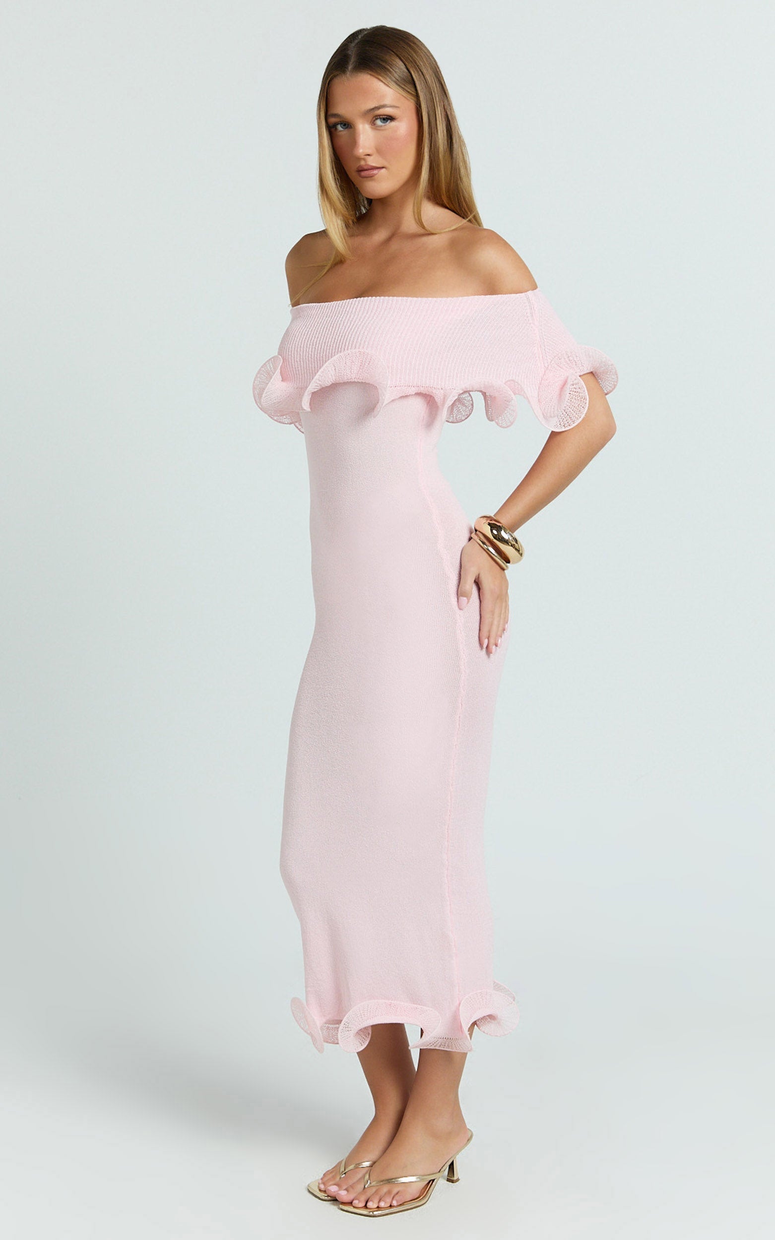 Winnie Maxi Dress - Off Shoulder Frilled Hem Knitted Dress in Baby Pink