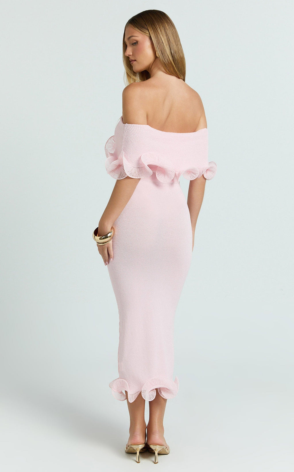 Winnie Maxi Dress - Off Shoulder Frilled Hem Knitted Dress in Baby Pink