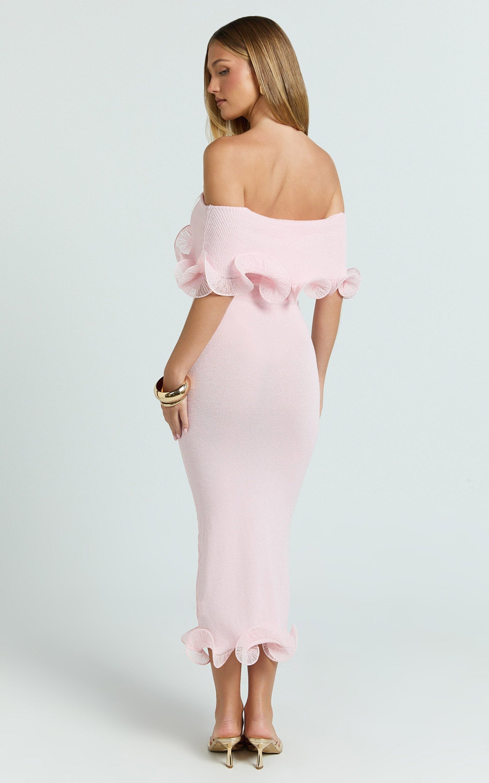 Winnie Maxi Dress - Off Shoulder Frilled Hem Knitted Dress in Baby Pink