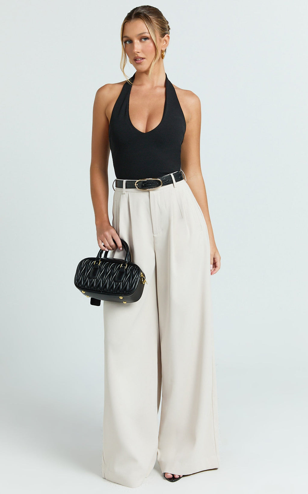 Xandria Pants - Double Pleated Wide Leg Pants in Stone
