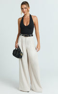 Xandria Pants - Double Pleated Wide Leg Pants in Stone