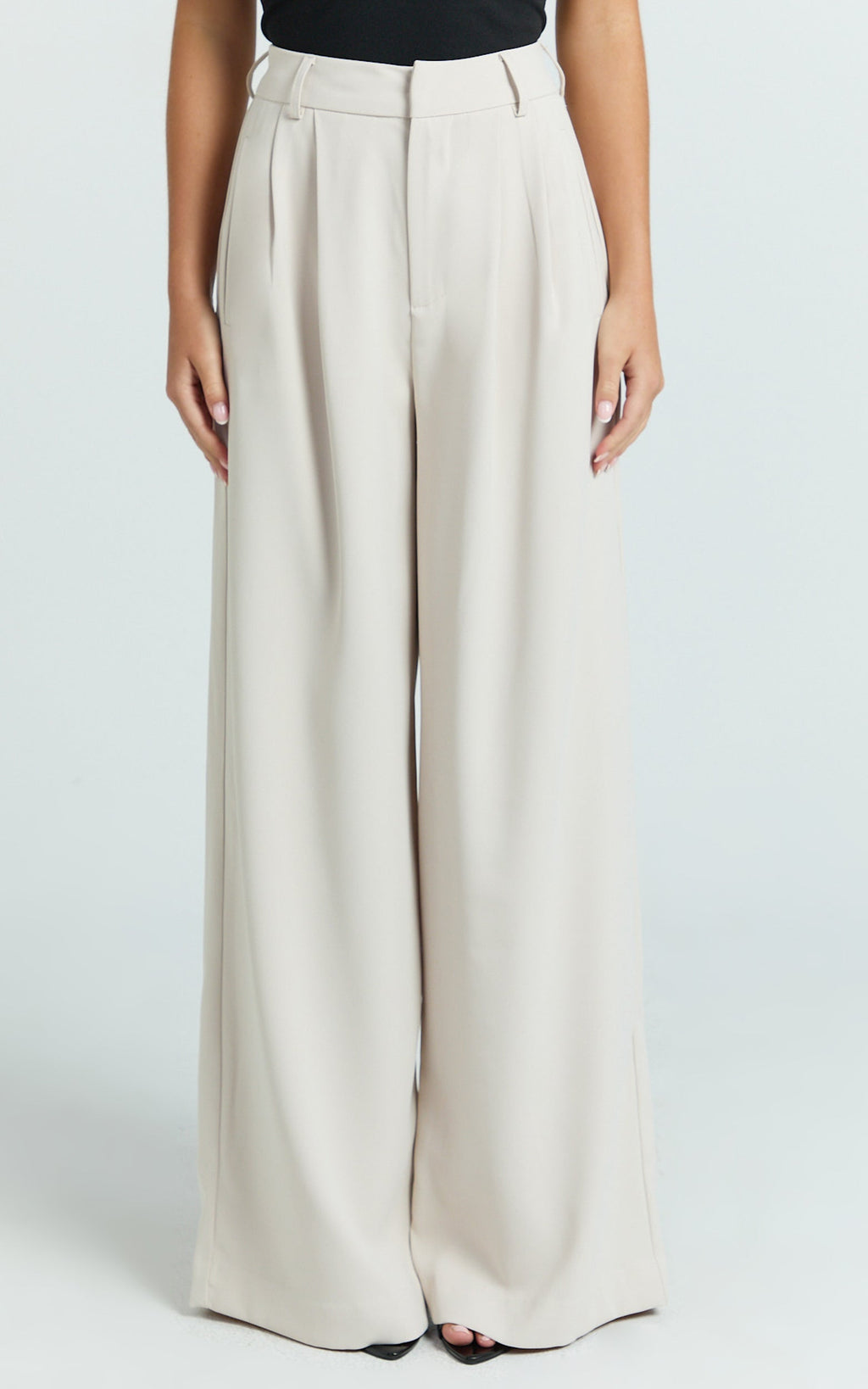 Xandria Pants - Double Pleated Wide Leg Pants in Stone