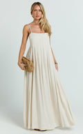 Yanna Midi Dress - Square Neckline Pleated Dress in Beige