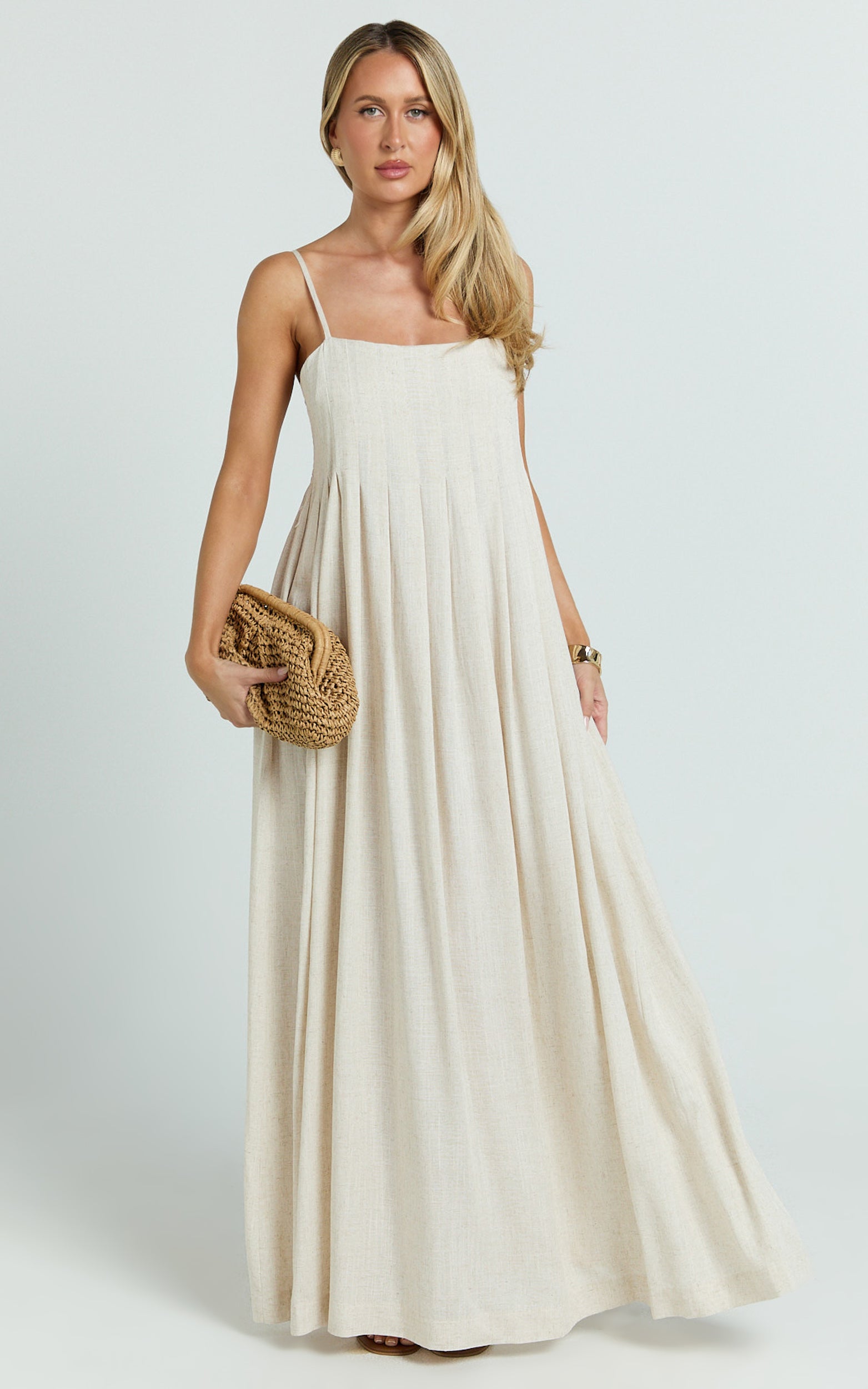Yanna Midi Dress - Square Neckline Pleated Dress in Beige