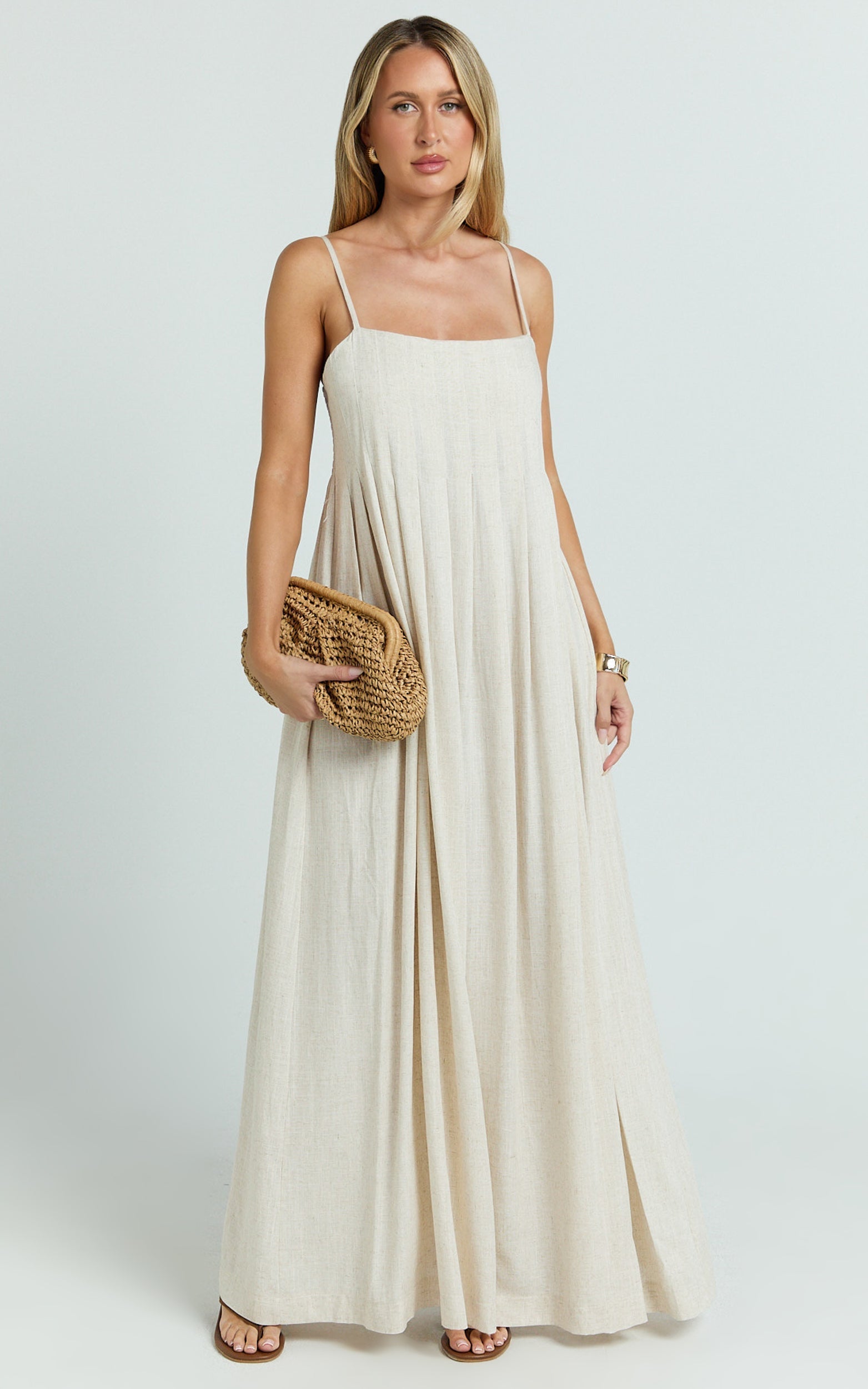 Yanna Midi Dress - Square Neckline Pleated Dress in Beige