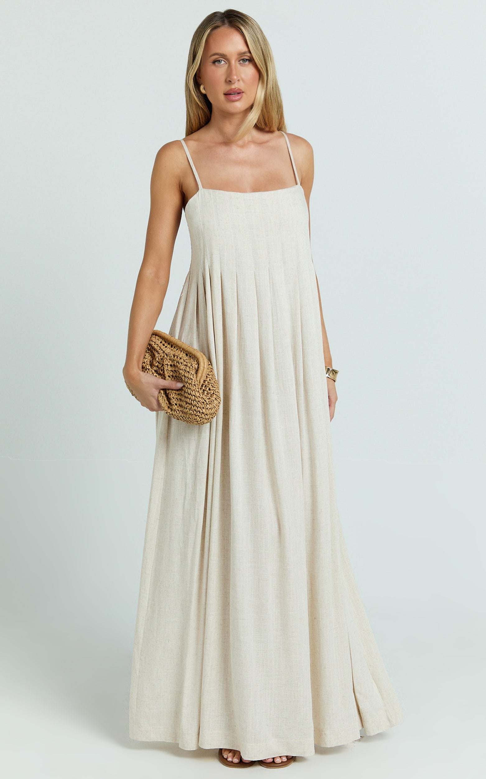 Yanna Midi Dress - Square Neckline Pleated Dress in Beige