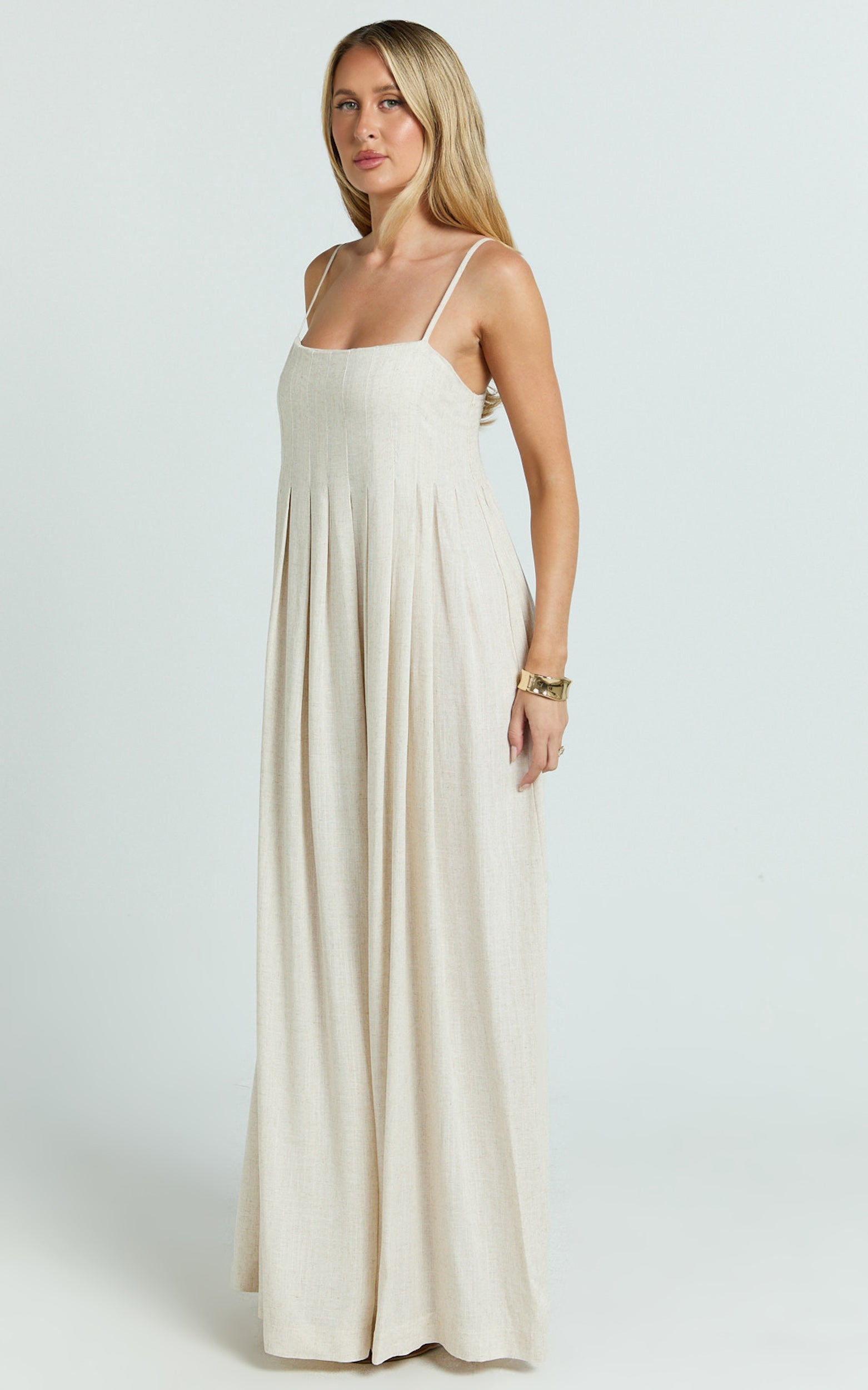 Yanna Midi Dress - Square Neckline Pleated Dress in Beige