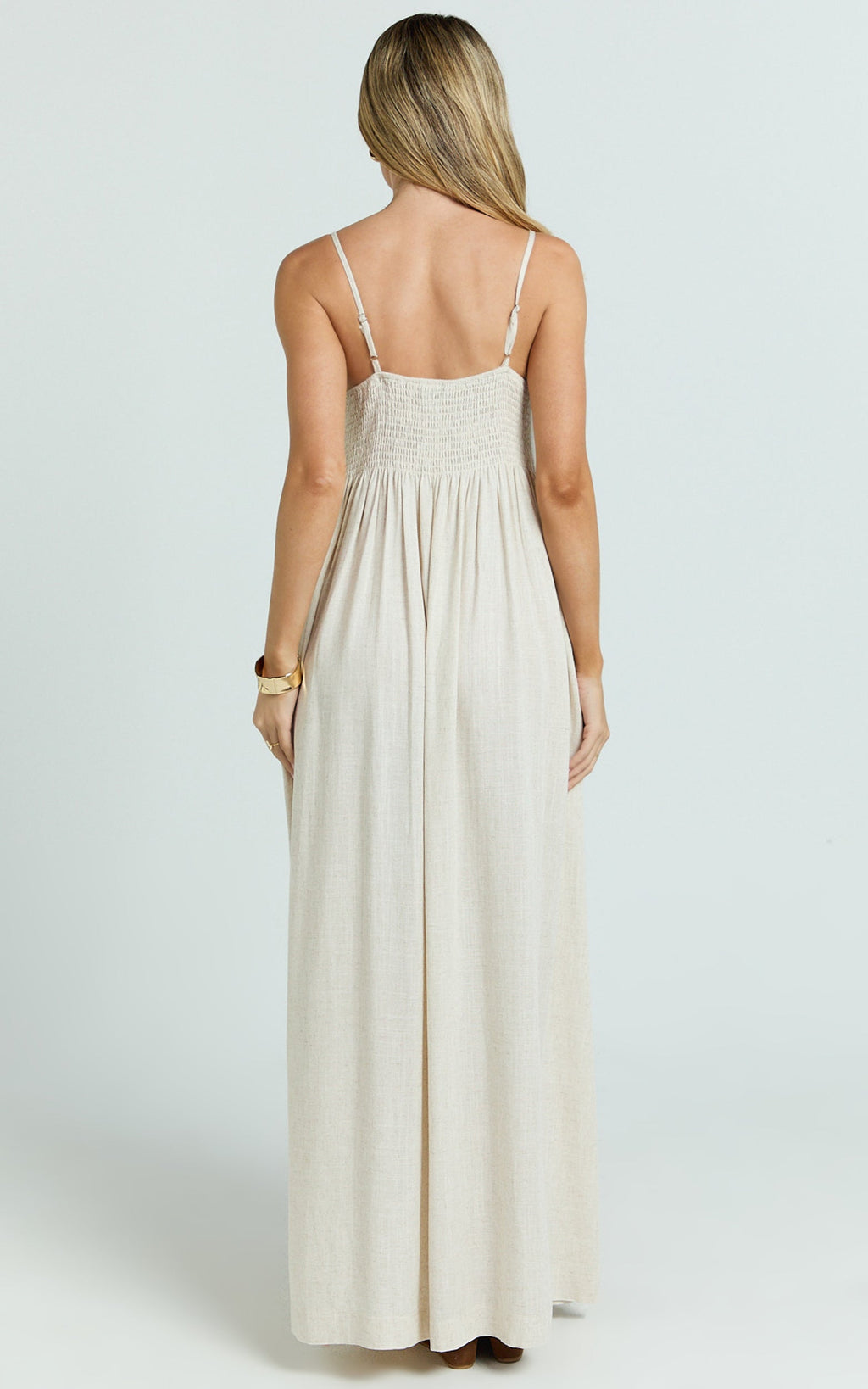 Yanna Midi Dress - Square Neckline Pleated Dress in Beige