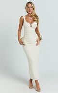 Yenna Midi Dress - Strappy Ruche Front Hardware Trim Fitted Skirt Dress in Cream