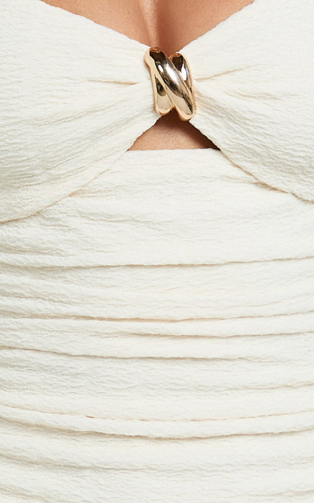 Yenna Midi Dress - Strappy Ruche Front Hardware Trim Fitted Skirt Dress in Cream
